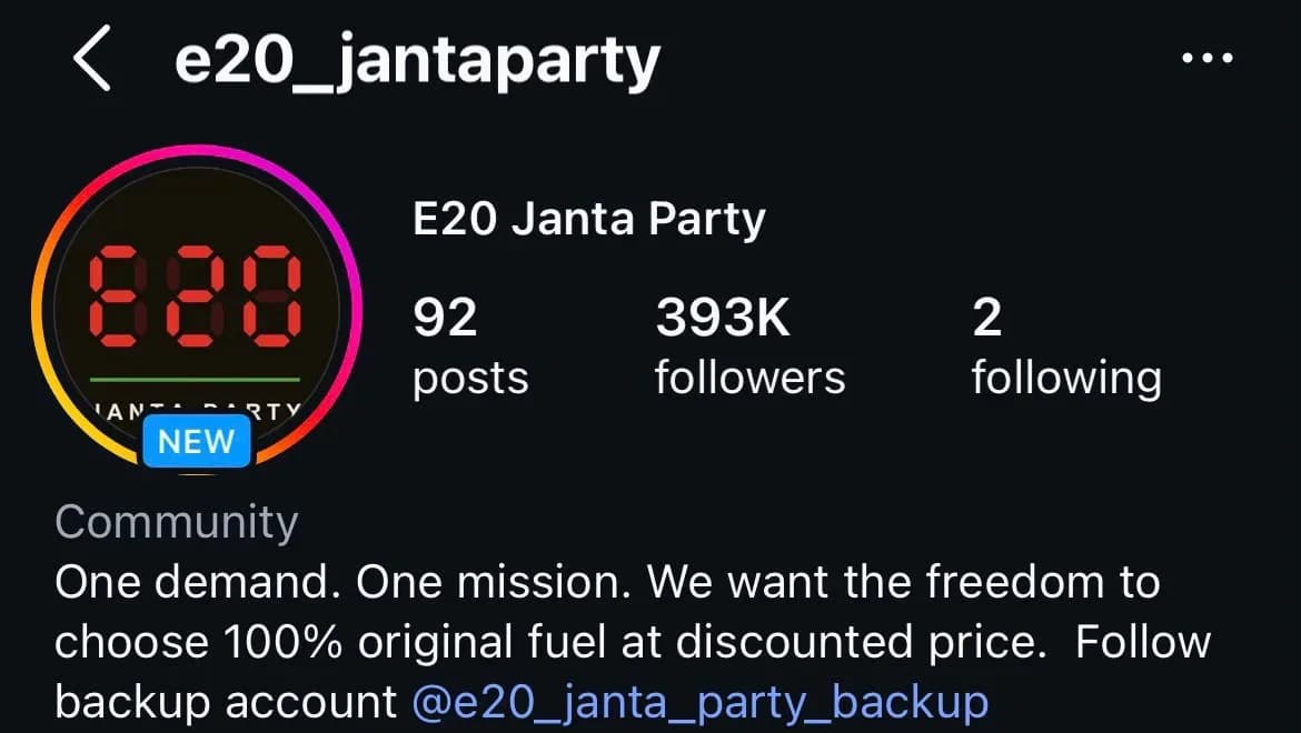 The E20 Janta Party has emerged as a new digital campaign on Instagram, questioning India's ethanol-blended petrol policy and calling for greater consumer choice.